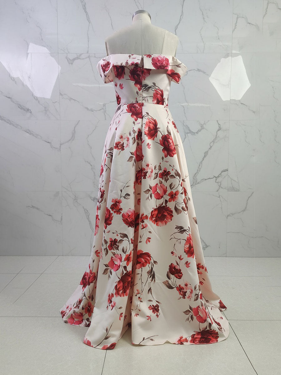 Sophisticated Cream Satin Off-the-Shoulder Floral Prom Gown