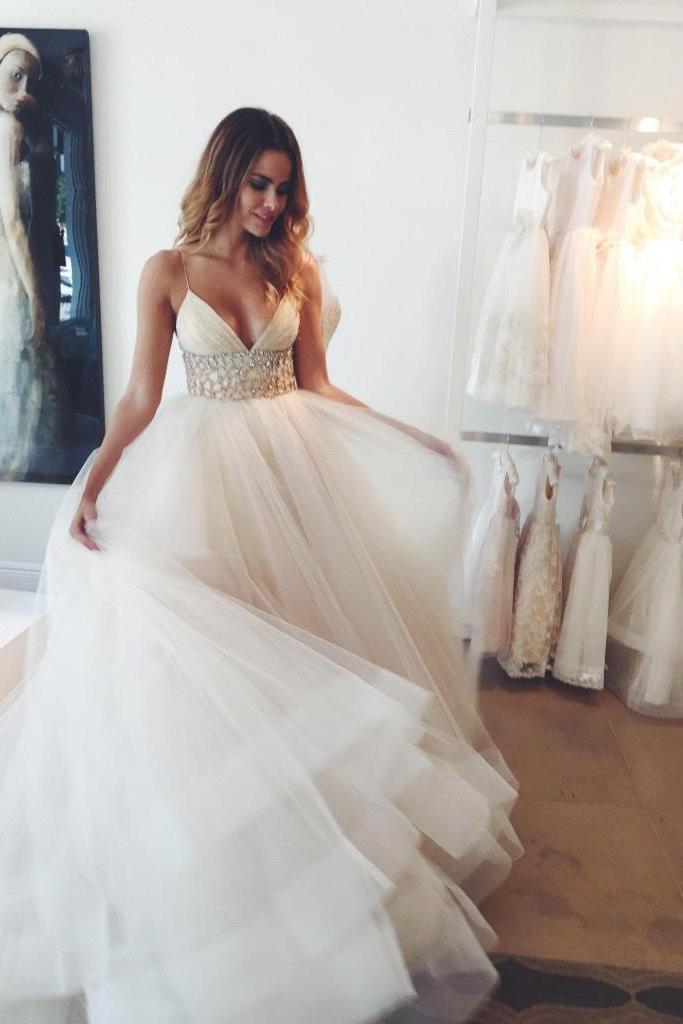 Spaghetti Strap Empire Bridal Dresses Crystal Tulle V-Neck Wedding Dress