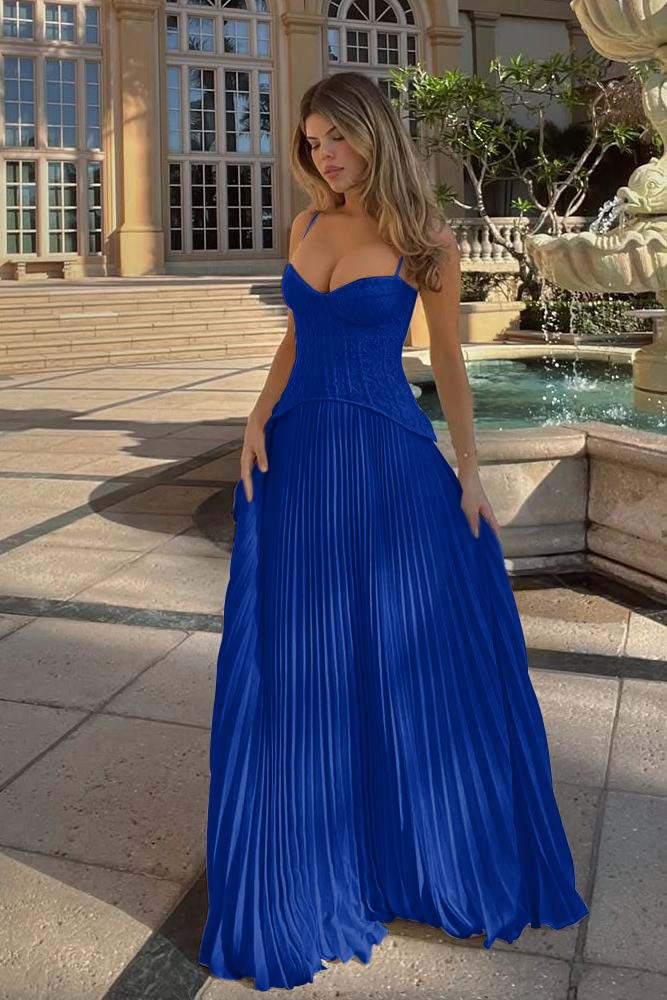 Spaghetti Strap Sleeveless Long Evening Formal Dress With Ruffled Embroidery