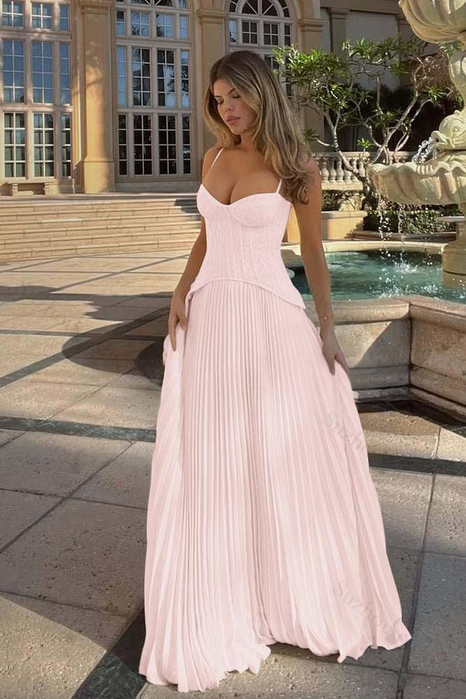 Spaghetti Strap Sleeveless Long Evening Formal Dress With Ruffled Embroidery