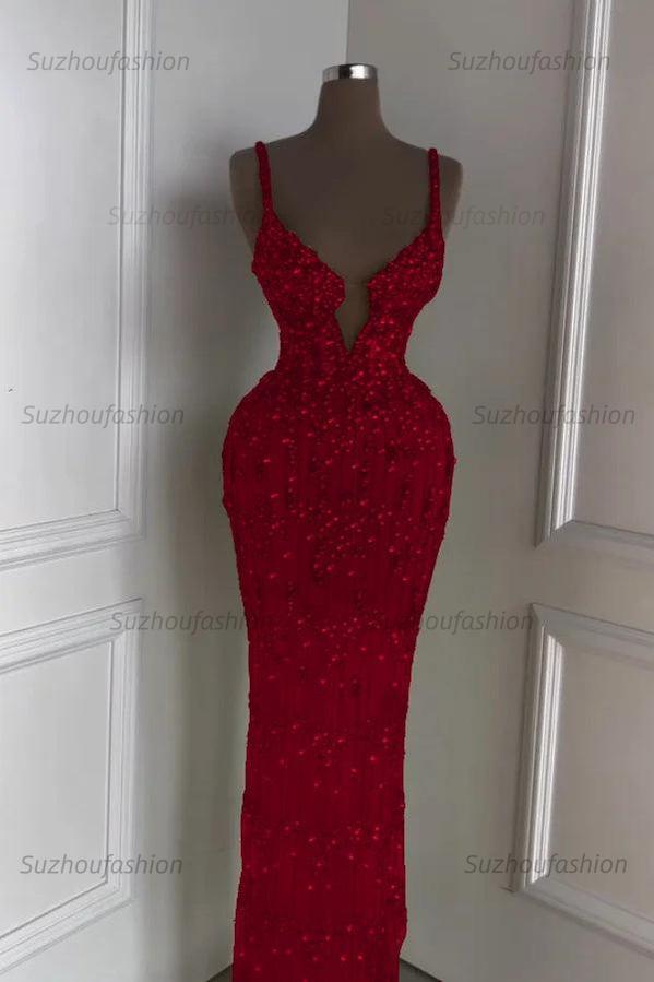 Spaghetti Strap Sleeveless Long Mermaid Evening Formal Dress With Beading