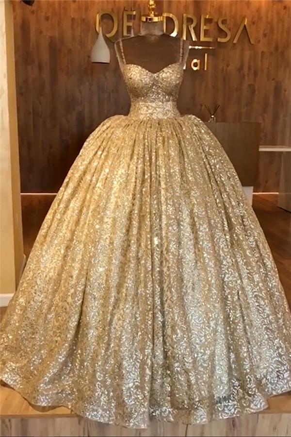 Spaghetti Straps Ball Gown Evening Dress | Gold Sparkle Sequins Luxury Formal Dress  BC0826