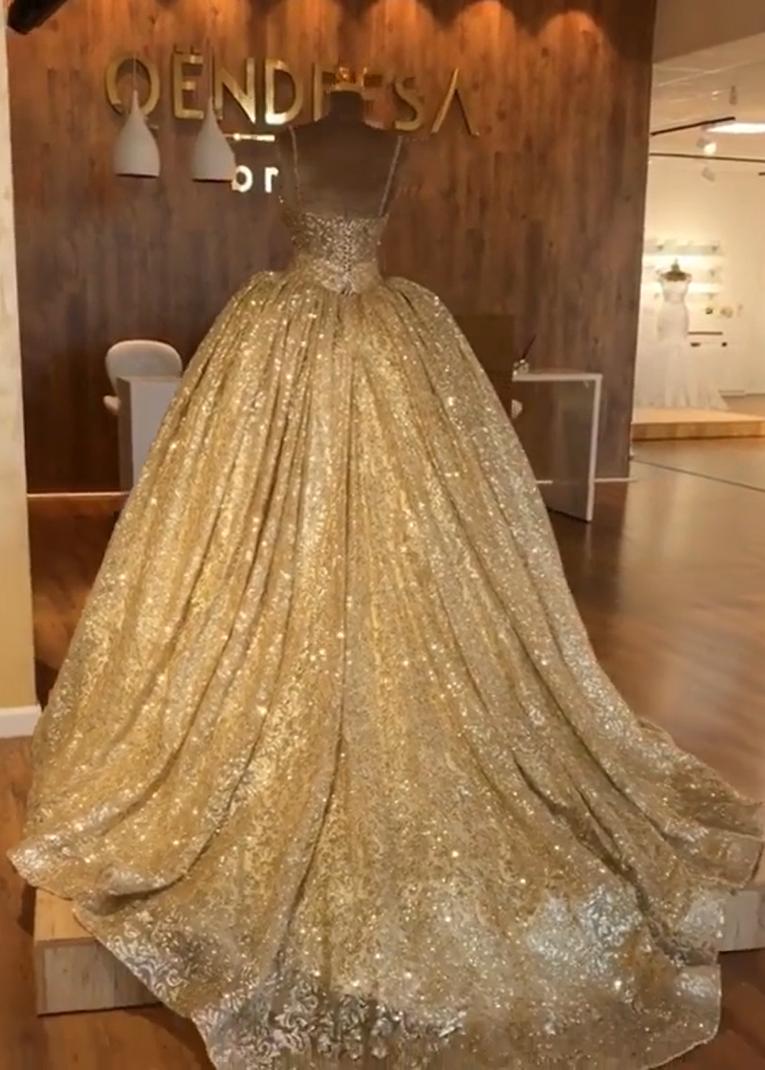 Spaghetti Straps Ball Gown Evening Dress | Gold Sparkle Sequins Luxury Formal Dress  BC0826