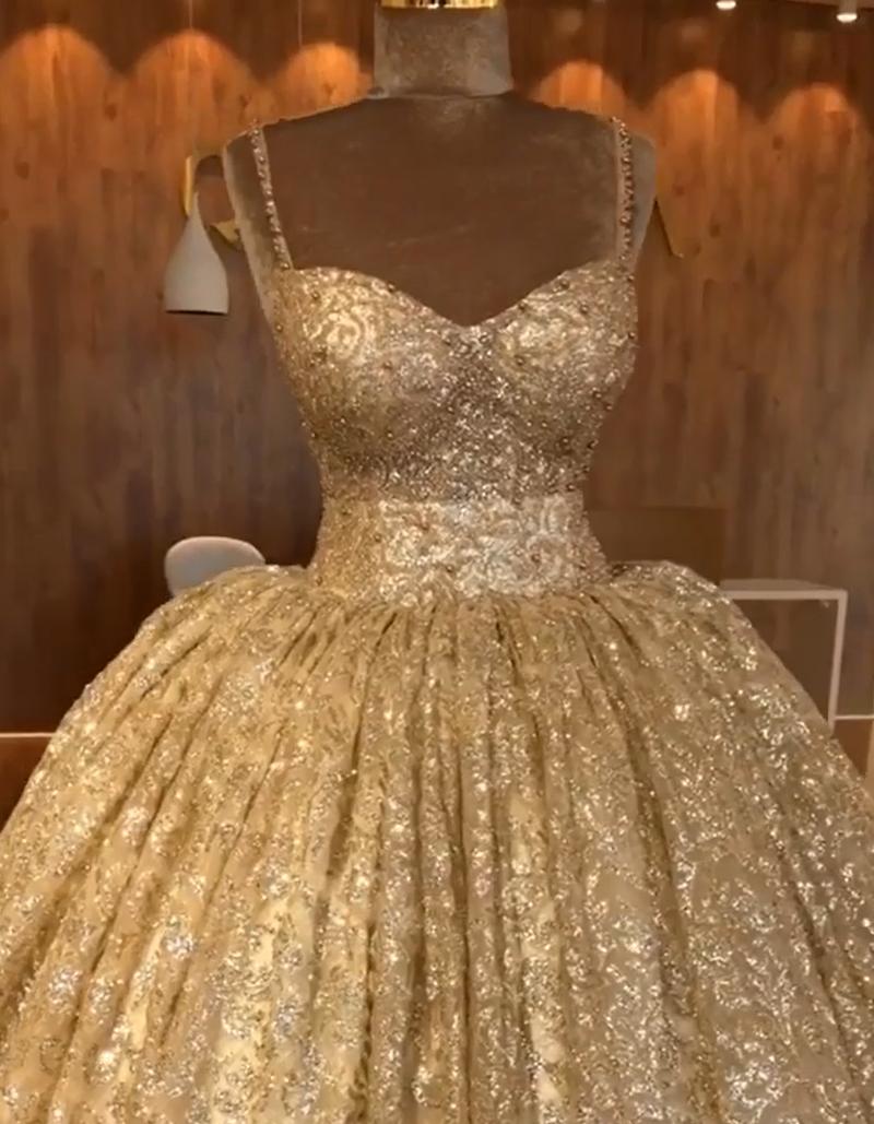 Spaghetti Straps Ball Gown Evening Dress | Gold Sparkle Sequins Luxury Formal Dress  BC0826