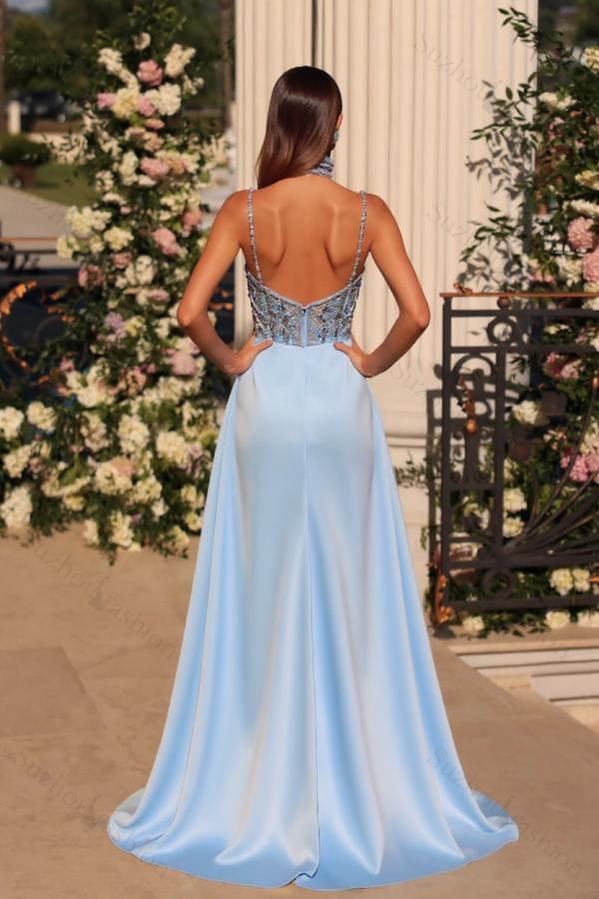 Spaghetti Straps Beaded Prom Dress Mermaid Formal Dress with Panel Train