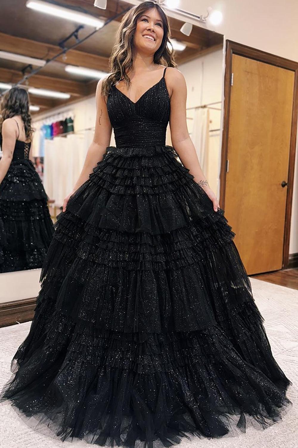 Spaghetti Straps Black Prom Dress Ruffled Long Formal Dress