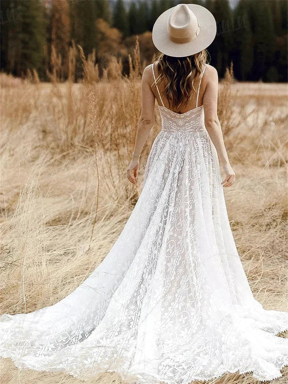 Straps Bohemian Wedding Dresses For Women Sleeveless V Neck A Line Beach Bride Dresses Romantic Boho Bridal Gown (ZD13494)