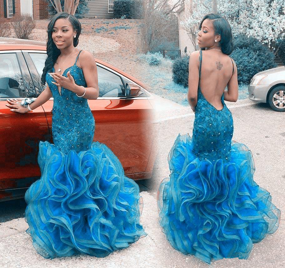Spaghetti Straps Organza Ruffles Sexy Evening Dresses Backless V-neck Prom Gowns  BA2774