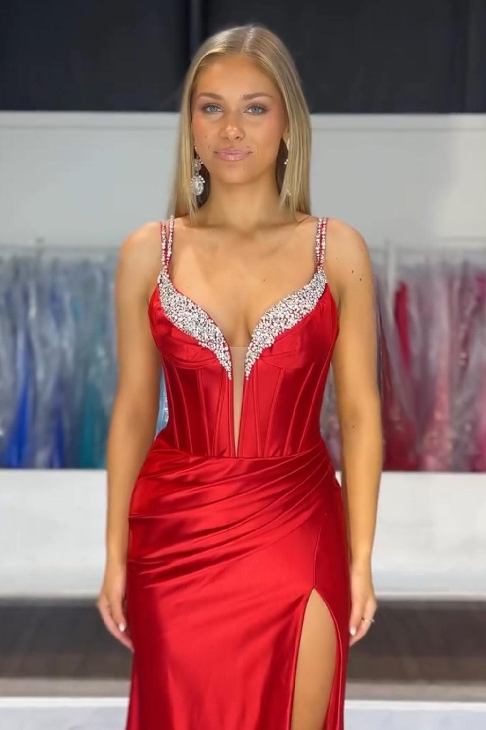 Spaghetti Straps Yellow Prom Dress Mermaid Corset Formal Dress With Slit