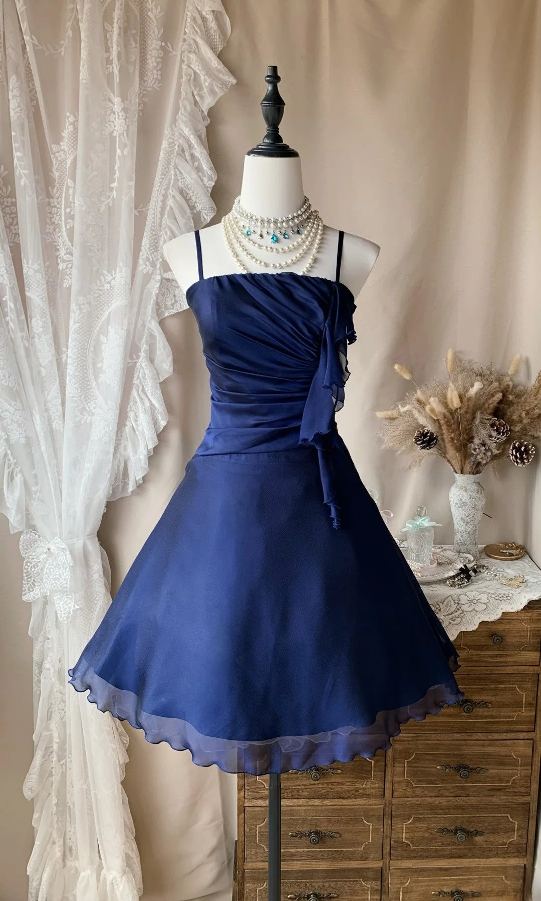 Spaghetti Strap A-Line Chiffon Navy Blue Homecoming Dress