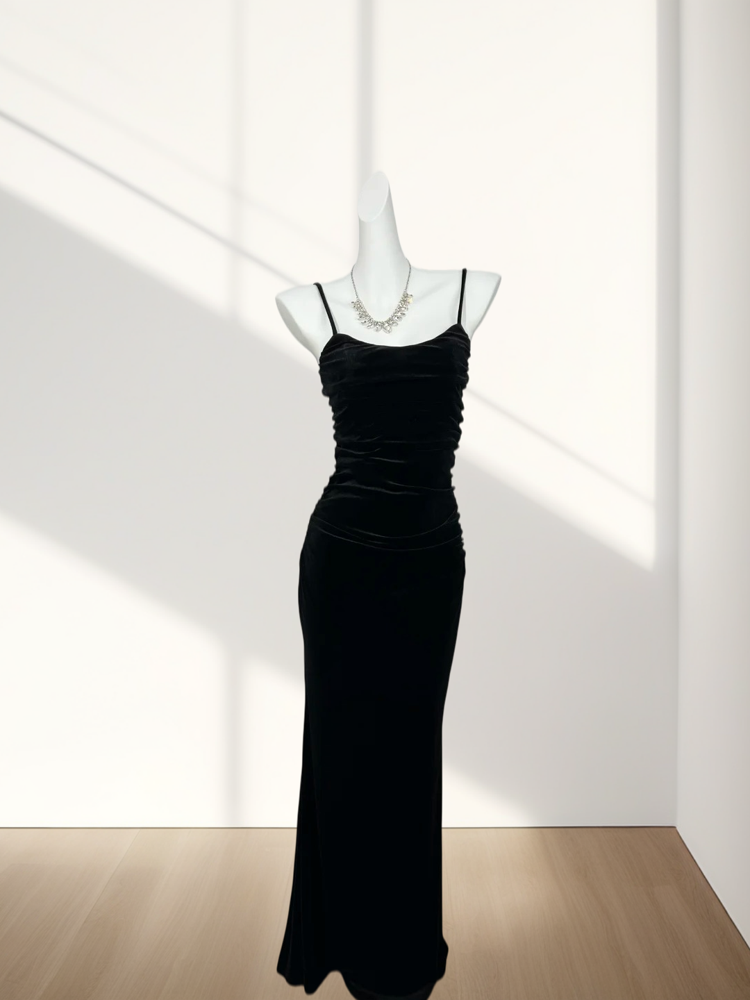 Spaghetti Strap Black Velvet Prom Dress Sheath Evening Dress