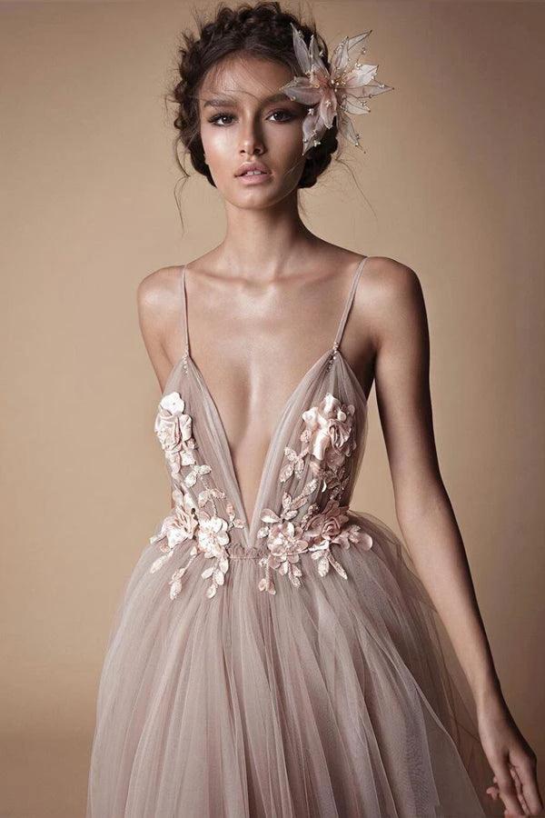 Spaghetti Strap Deep V Neck Beach Wedding Dresses With Applique (ZD16303)