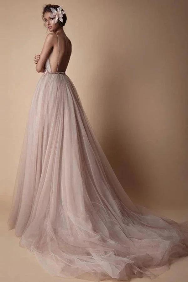 Spaghetti Strap Deep V Neck Beach Wedding Dresses With Applique (ZD16303)