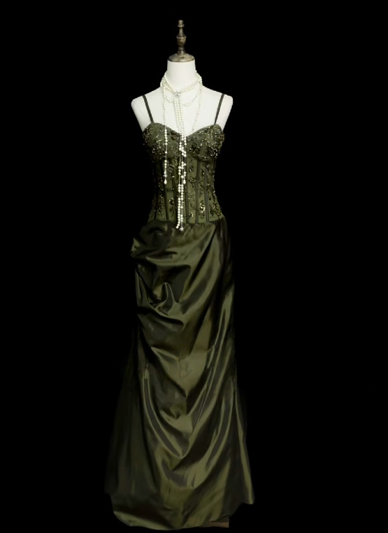 Spaghetti Strap Green Satin Prom Dress Retro Beaded Evening Dress  J10501