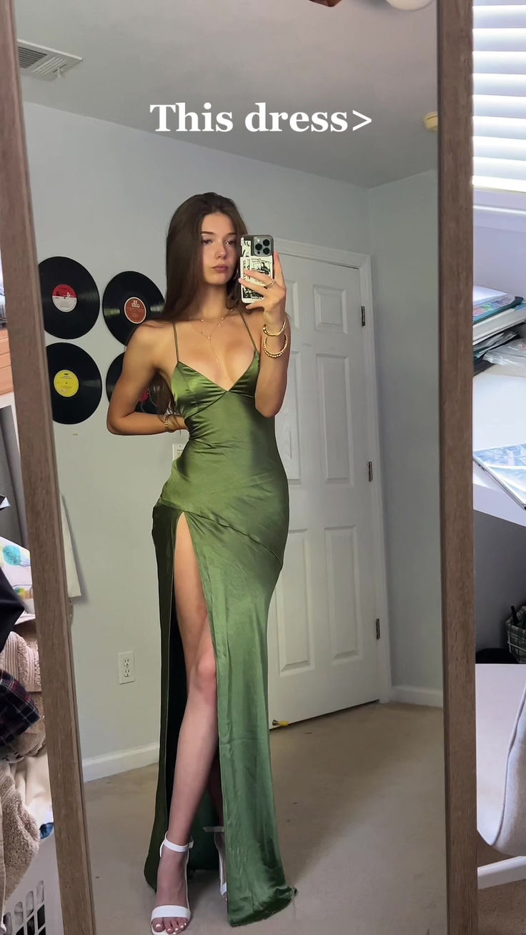 Spaghetti Strap Green Satin Prom Dress Satin Evening Dress With Slit