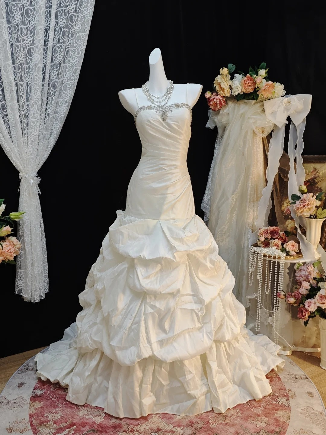 Spaghetti Strap Ivory Birthday Dress Taffeta Evening Dress