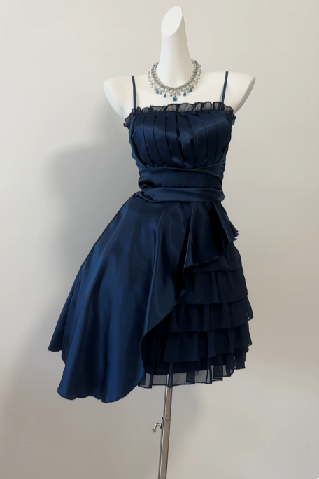 Spaghetti Strap Navy Blue Homecoming Dress Ruffled Birthday Dress