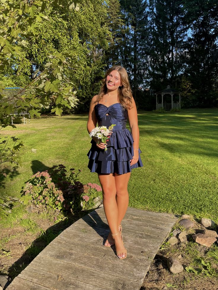 Spaghetti Strap Navy Blue Satin Homecoming Dress  J10480