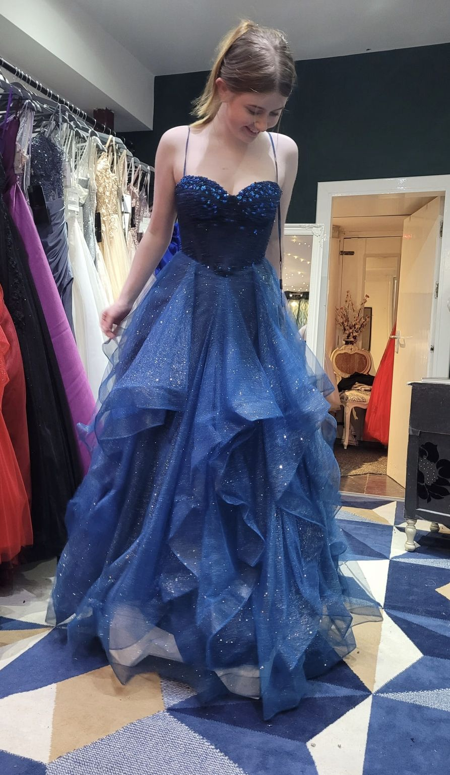 Spaghetti Strap Navy Blue Tulle Prom Dress Sparkle Evening Dress