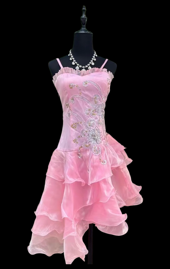 Spaghetti Strap Pink Ruffled Homecoming Dress A-Line Short Dress