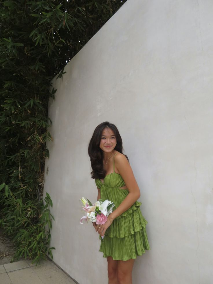 Spaghetti Strap Pleated A-Line Green Homecoming Dress