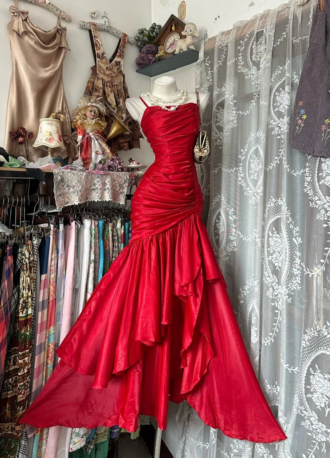 Spaghetti Strap Red Mermaid Prom Dress Formal Evening Dress