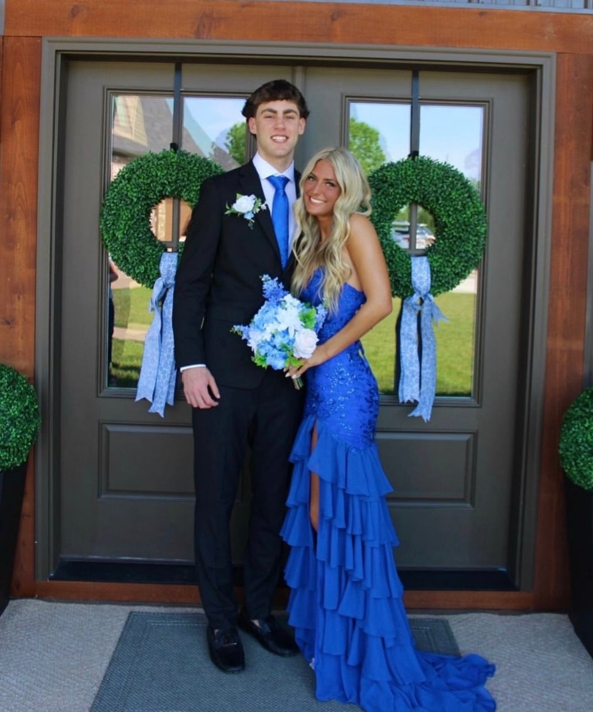 Spaghetti Strap Royal Blue Mermaid Layered Prom Dress With Slit  J10447