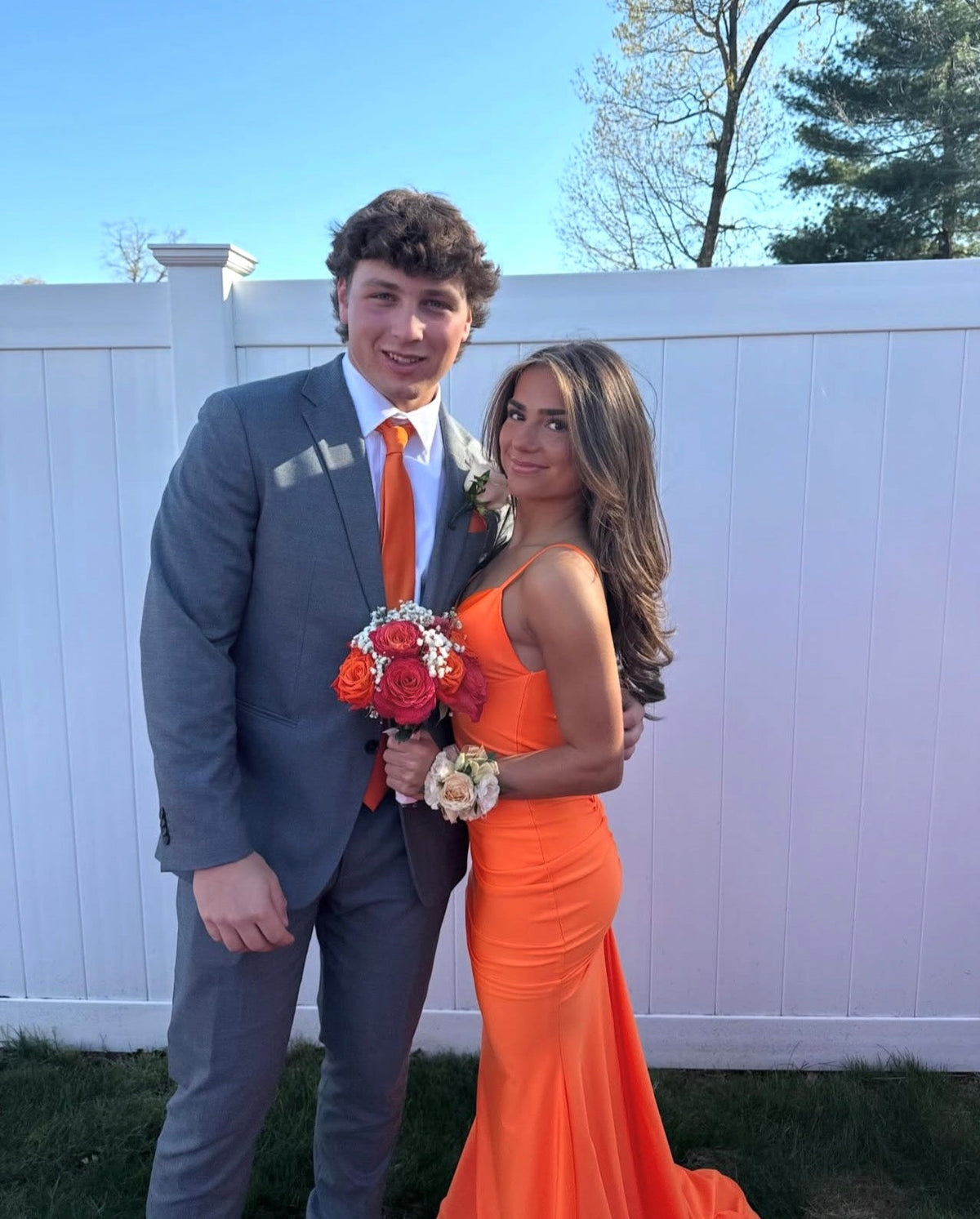 Spaghetti Strap V Neck Orange Mermaid Satin Prom Dress J10451