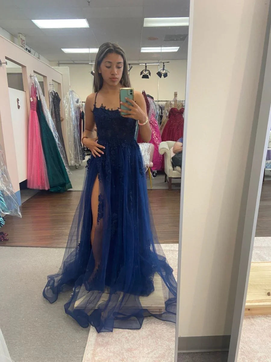 Navy Blue Spaghetti Straps A-Line Tulle Prom Dress Formal Evening Dress