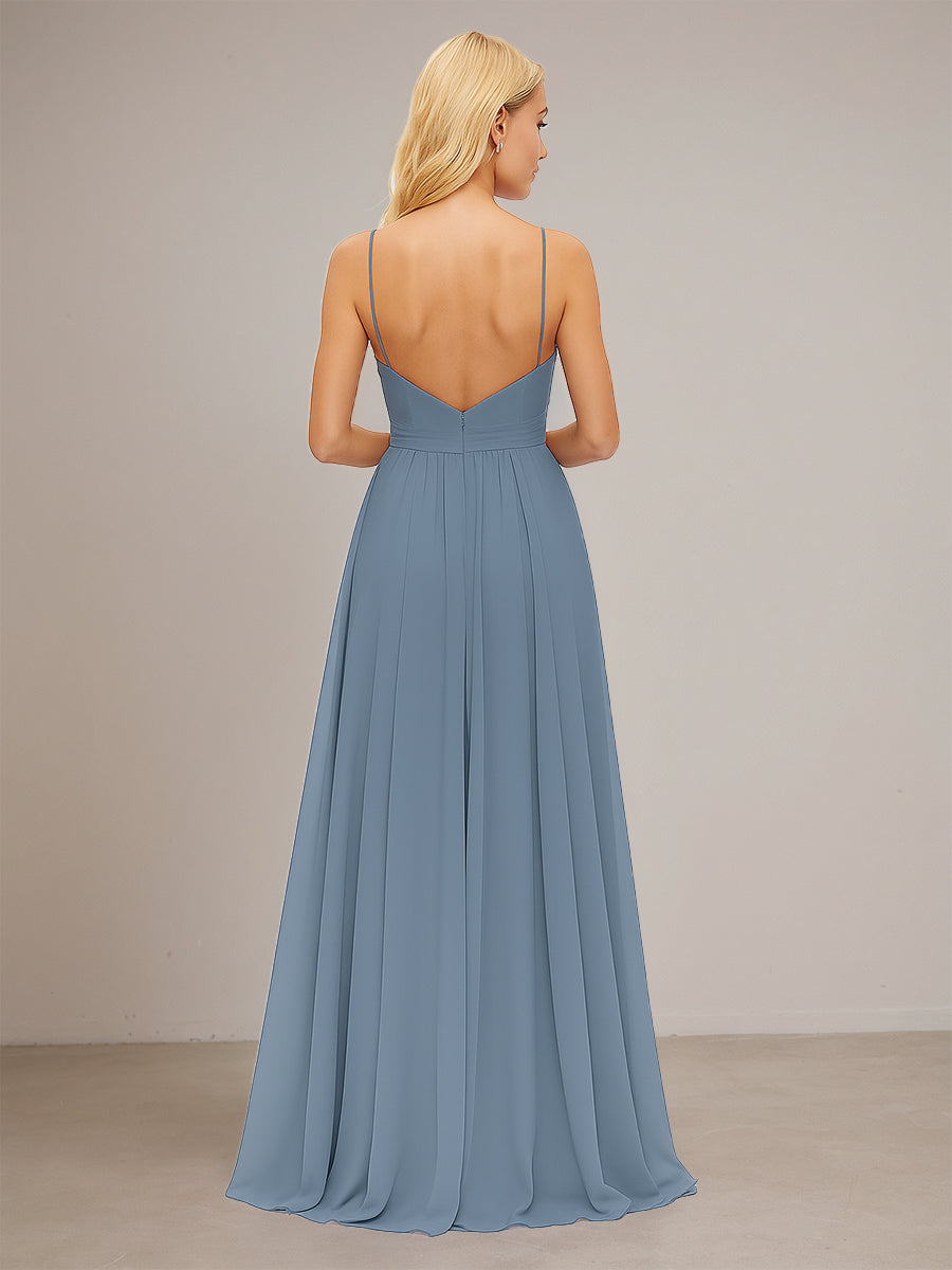 Spaghetti Straps A-line V Neck Chiffon Bridesmaid Dress