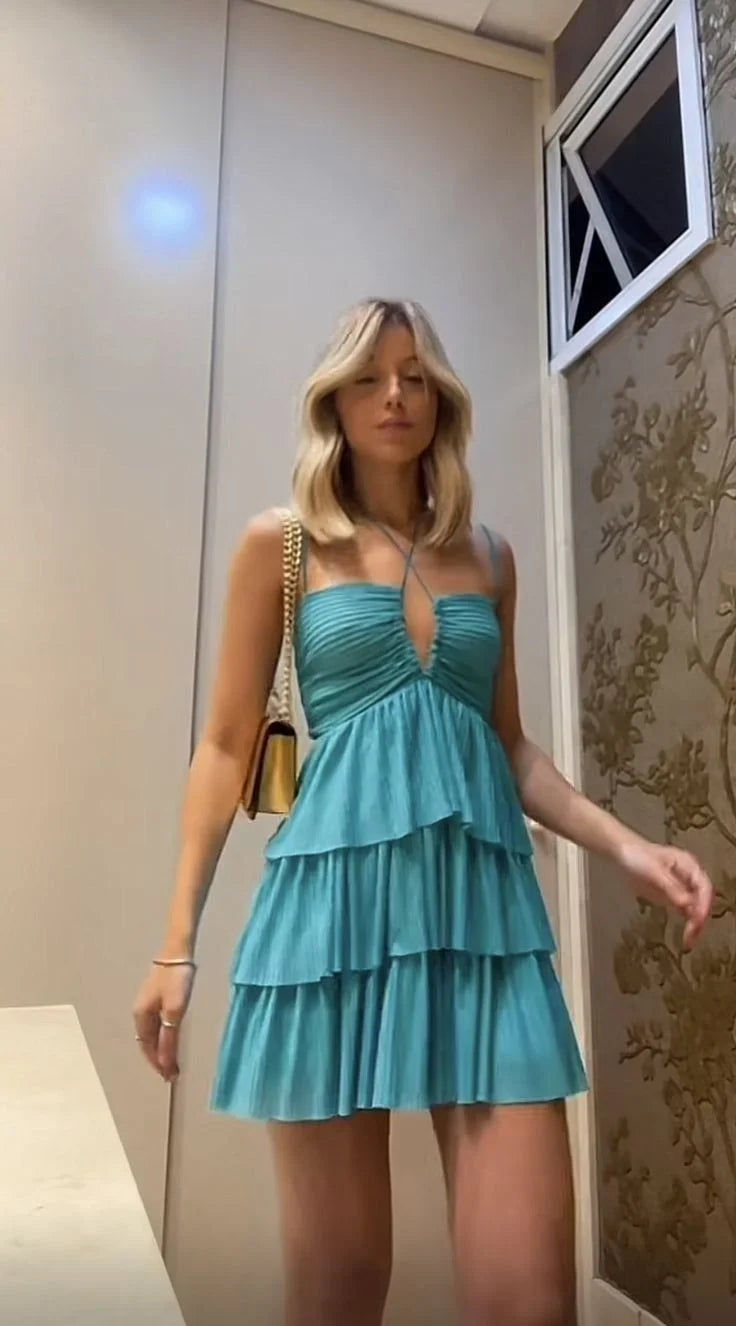 Spaghetti Straps A-Line Blue Satin Homecoming Dress