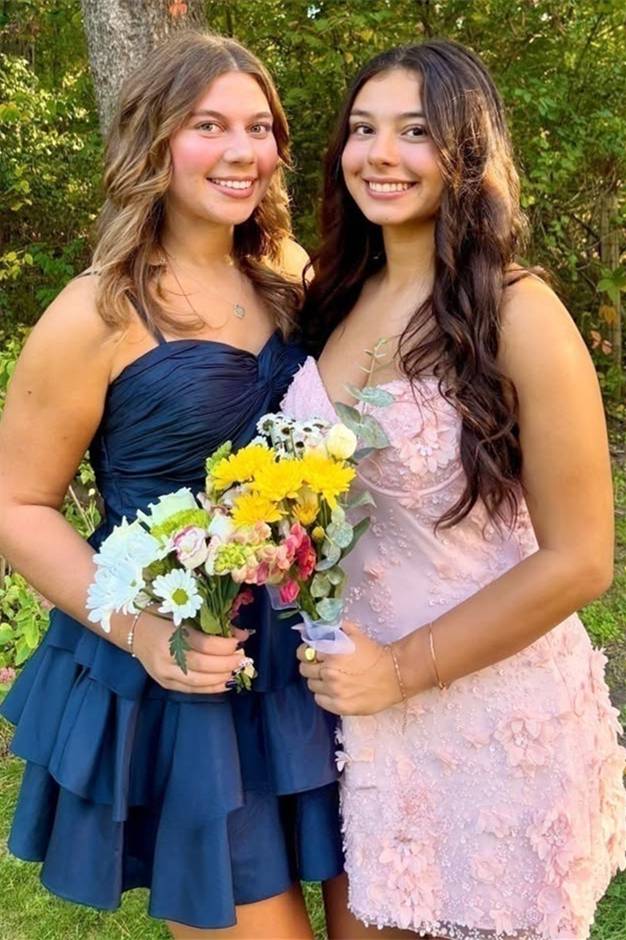 Spaghetti Straps A Line Layered Navy Blue Ruffled Homecoming Dress  J11271