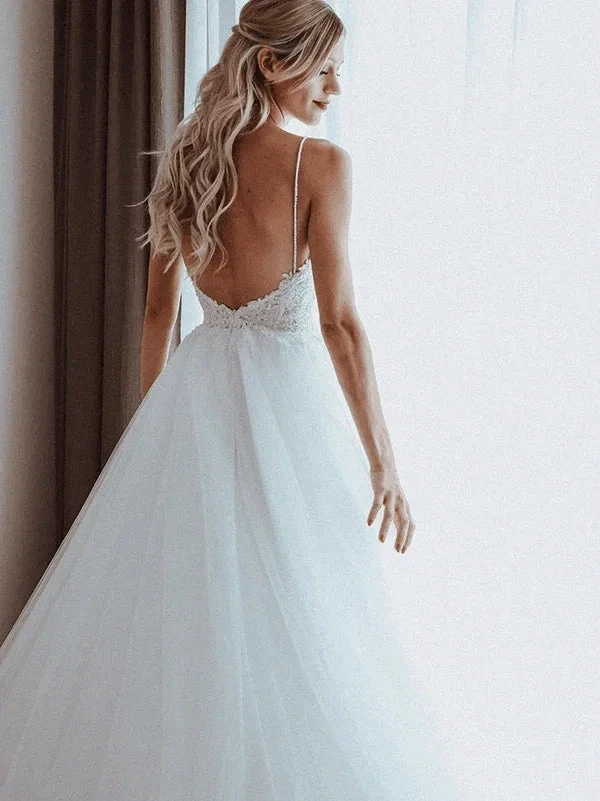 Spaghetti Straps Beaded Appliqued A-line Tulle Wedding Dresses (ZD16247)