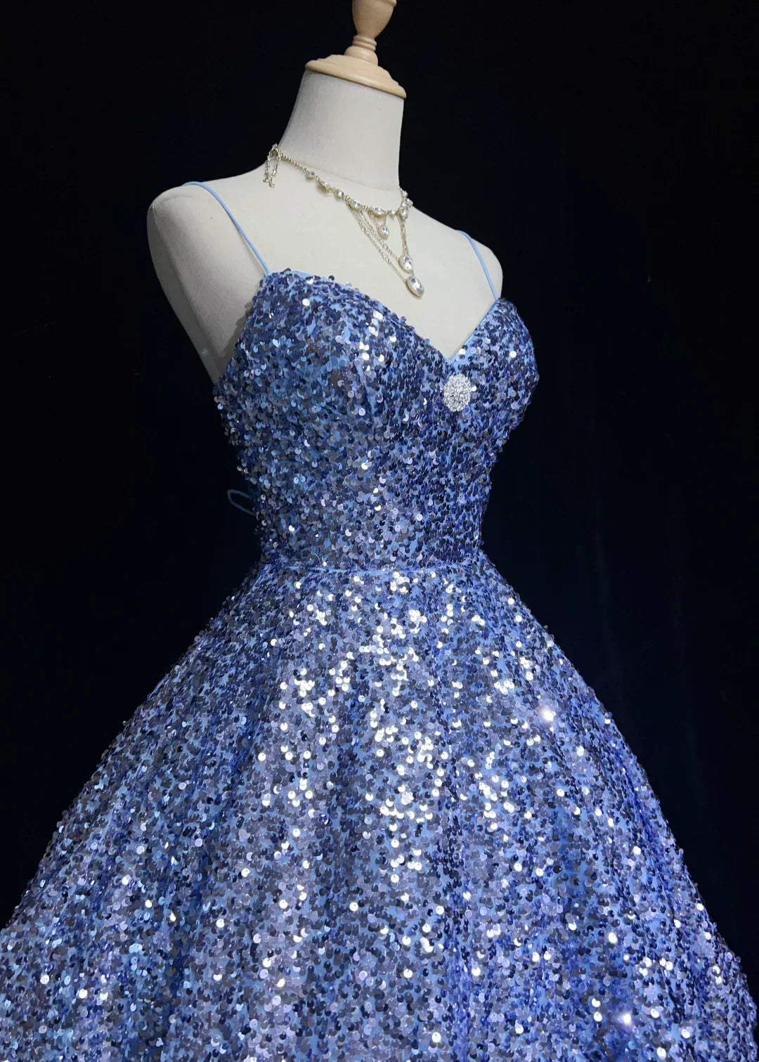 Spaghetti Straps Blue Sequin Homecoming Dress Short Birthday Dress  J11022