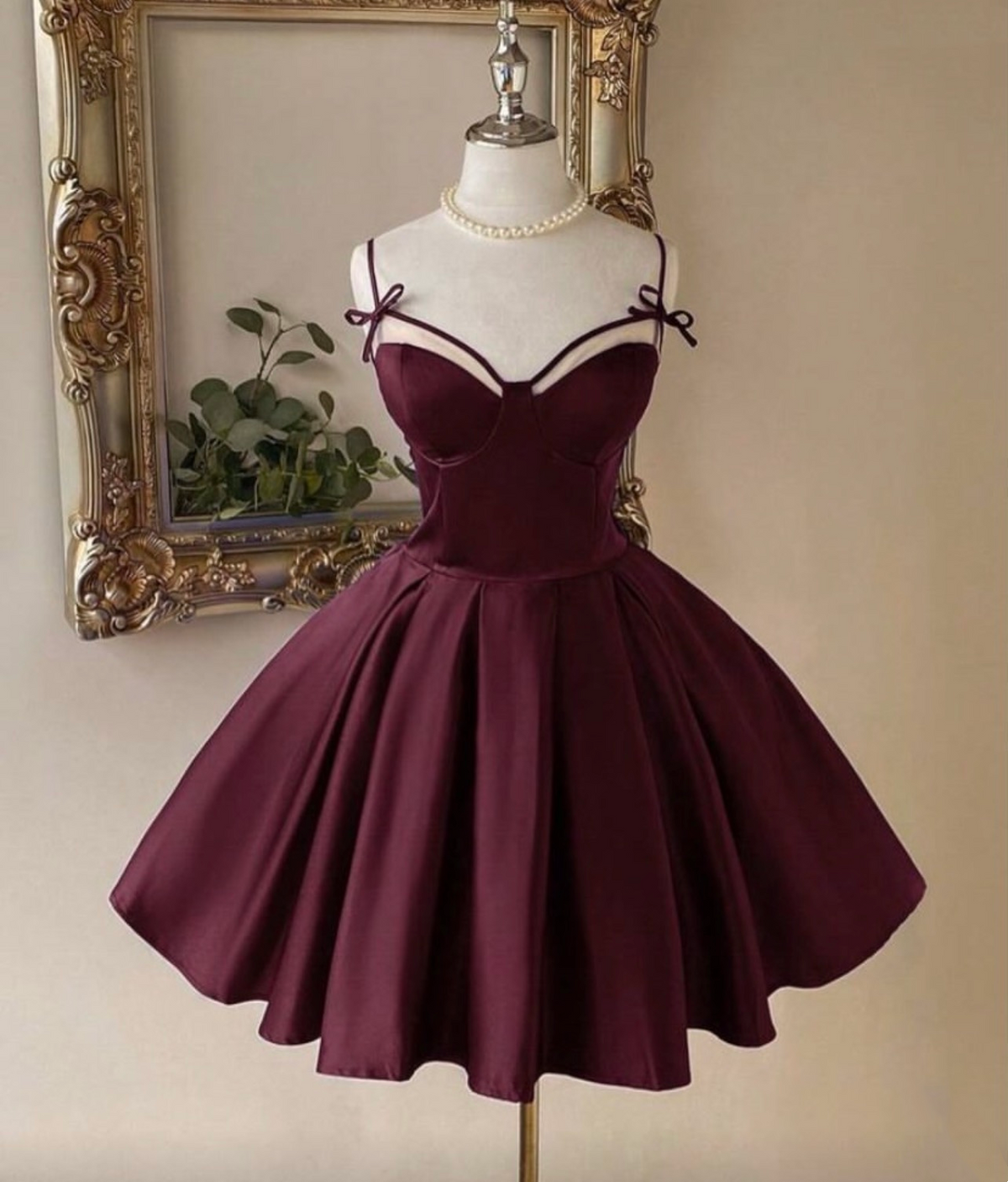 Spaghetti Straps Burgundy Satin Homecoming Dress Short Birthday Dress