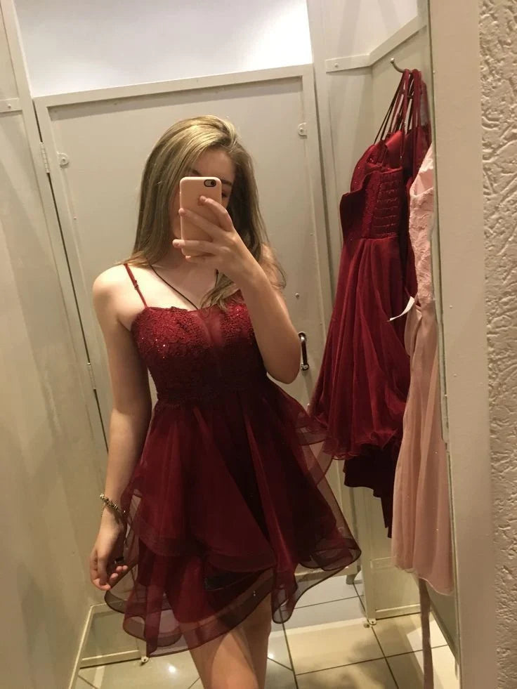 Spaghetti Straps Burgundy Tulle Homecoming Dress