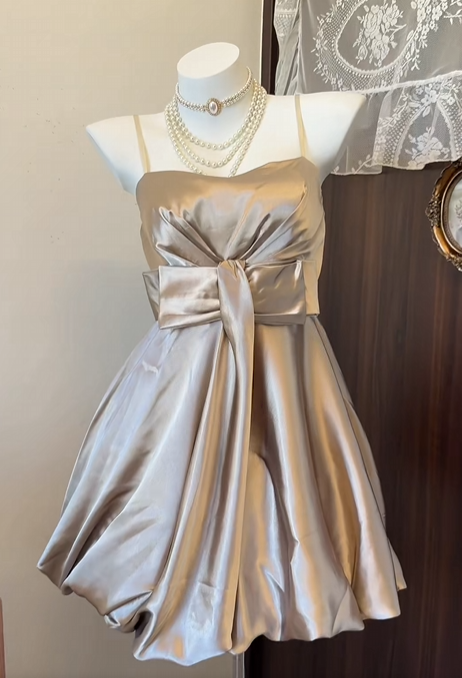 Spaghetti Straps Champagne Satin Homecoming Dress With Bow Knot