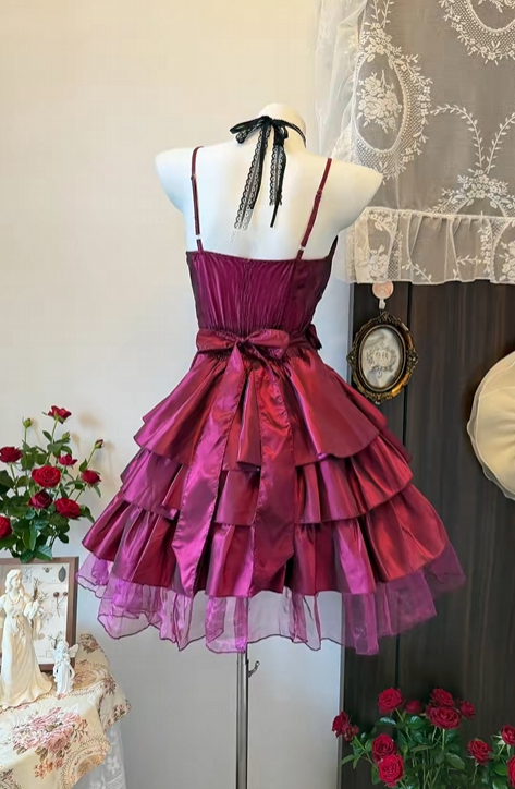 Spaghetti Straps Fuchsia Layered Birthday Dress Homecoming Dress