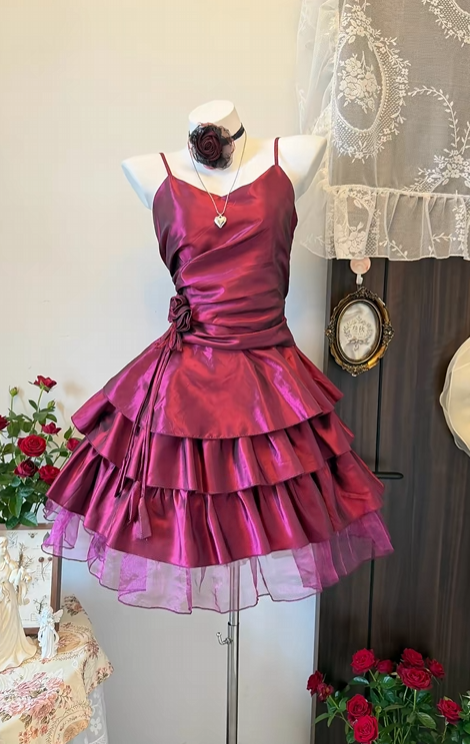 Spaghetti Straps Fuchsia Layered Birthday Dress Homecoming Dress