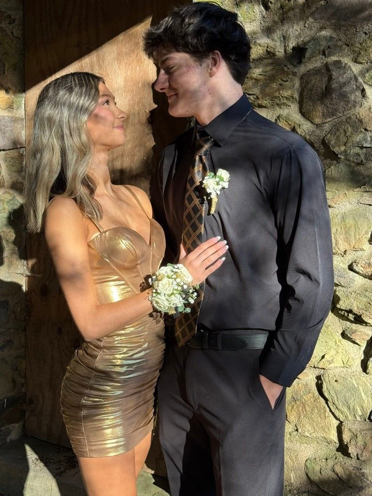 Spaghetti Straps Gold Satin Mini Homecoming Dress