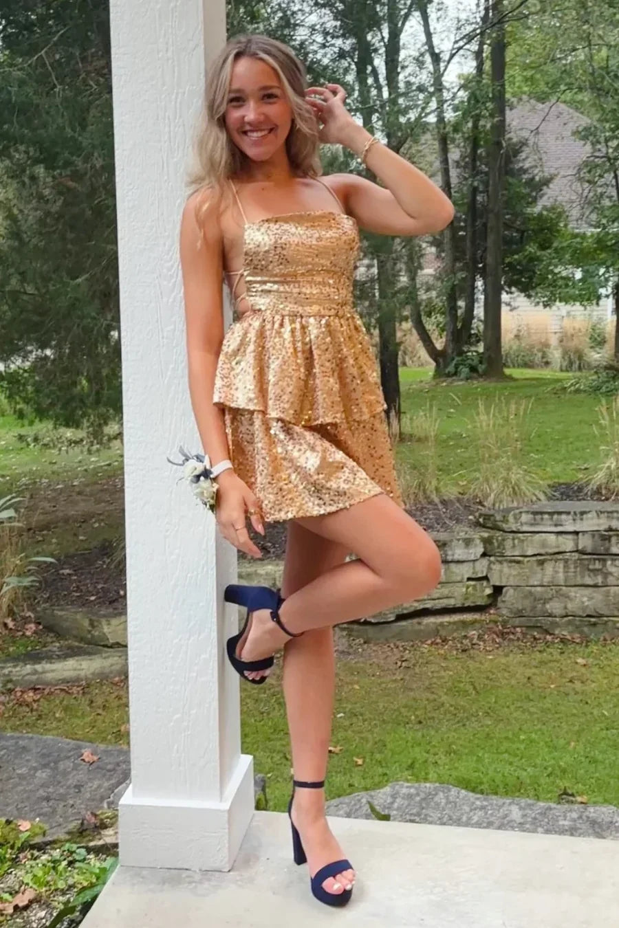 Spaghetti Straps Gold Sequin Homecoming Dress