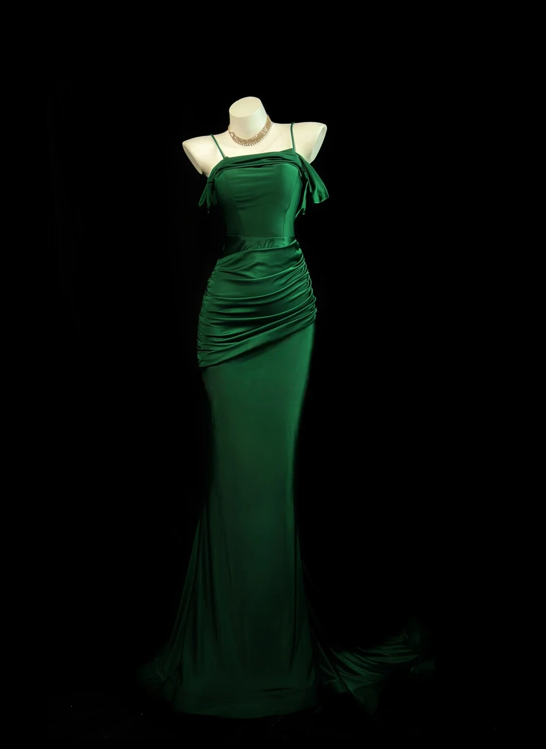 Spaghetti Straps Green Satin Mermaid Prom Dress Formal Evening Dress