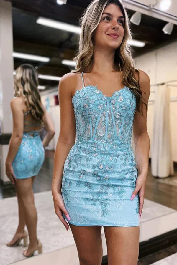Spaghetti Straps Lace Sheath Applique Mini Homecoming Dress