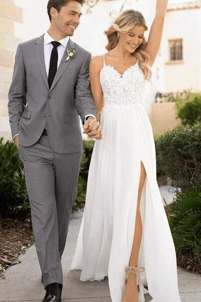 Spaghetti Straps Lace Split Chiffon Long Beach Wedding Dresses (ZD16227)