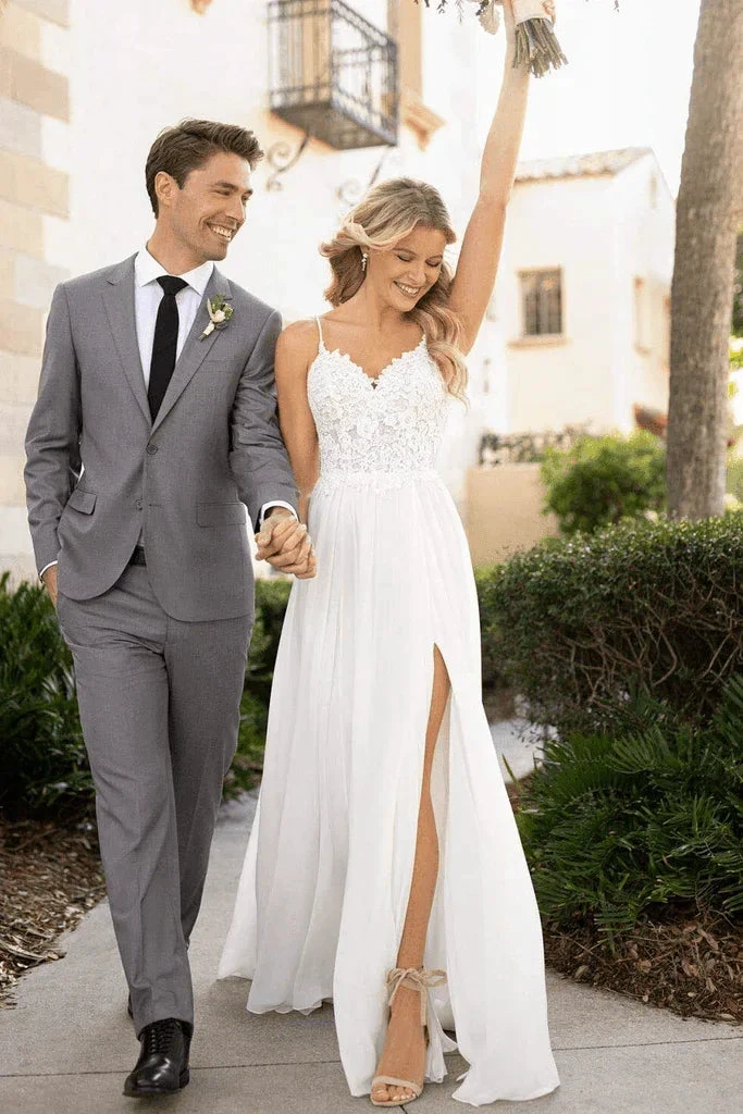 Spaghetti Straps Lace Split Chiffon Long Beach Wedding Dresses (ZD16227)