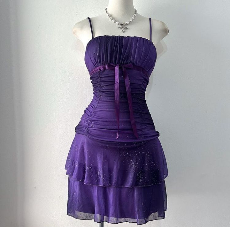 Spaghetti Straps Layered Purple Homecoming Dress Ruffled Birthday Dress