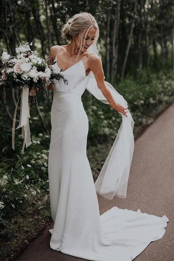 Spaghetti Straps Mermaid Backless V-Neck Beach Wedding Dresses (ZD16341)