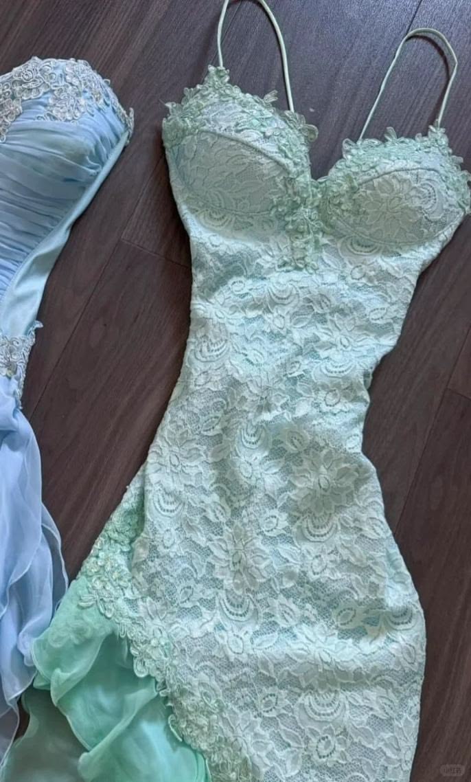 Spaghetti Straps Mint Green Lace Evening Gown  J11696