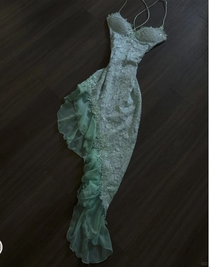 Spaghetti Straps Mint Green Lace Evening Gown  J11696