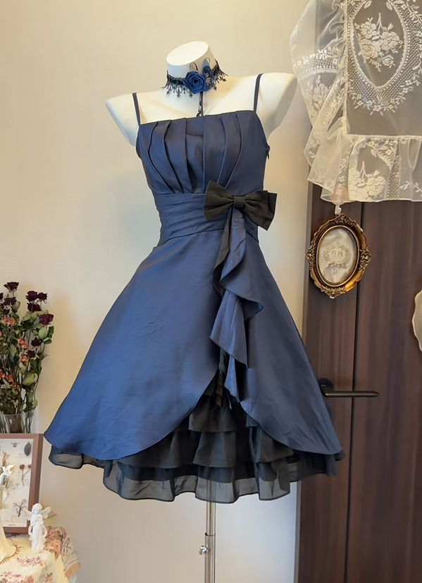 Spaghetti Straps Navy Blue Satin Homecoming Dress